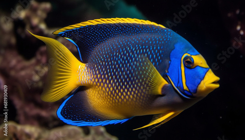Vibrant underwater beauty in Caribbean reef, school of colorful fish generated by AI