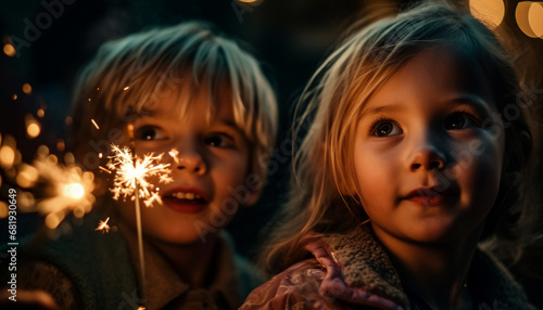 Smiling caucasian siblings enjoy winter night playing with Christmas lights generated by AI