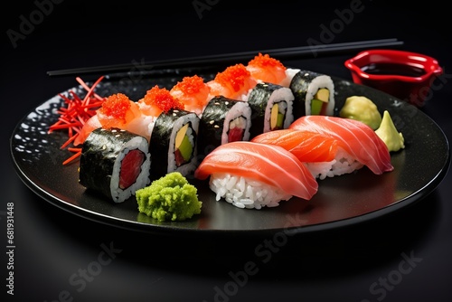 A close-up of a black plate topped with sushi and chopsticks. The sushi includes nigiri, sashimi, and rolls. The plate is set against a black background,
