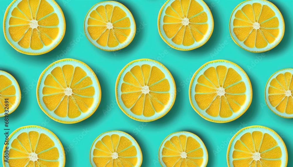 Lemon slices pattern vibrant turquoise color background Minimal fl lay food texture fruit citrous flat juicy yellow slice colours pastel minimalist summer creative design up high overhead abstract - obrazy, fototapety, plakaty 