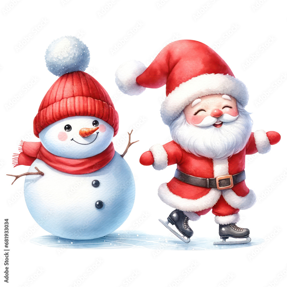 Cute Christmas Santa Claus ice skating and Snowman, Watercolor, Isolated on Transparent Background. Generative AI