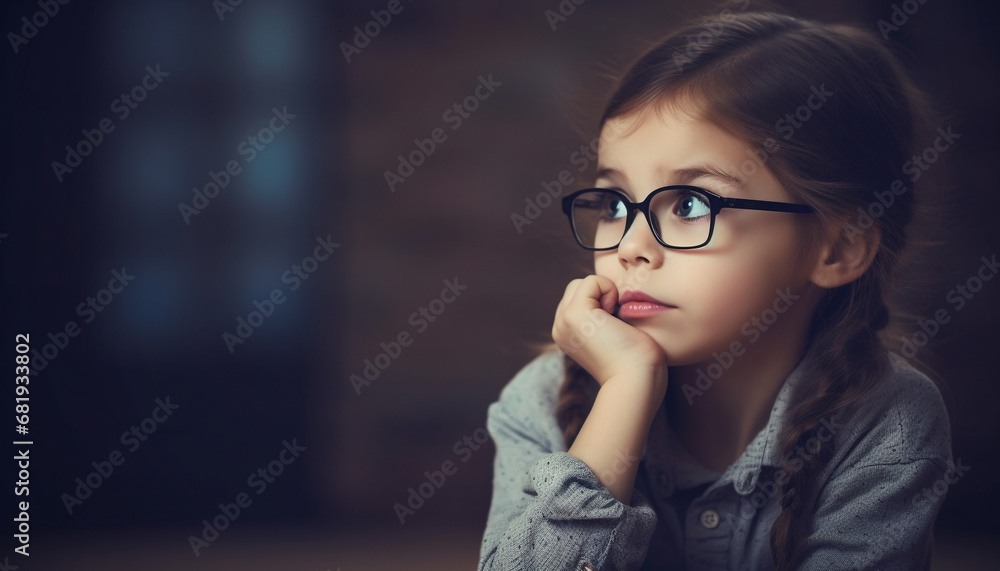 Sad girl with eyeglasses in classroom, hand on chin, contemplating generated by AI Sad girl with eyeglasses in classroom, hand on chin, contemplating generated by AI