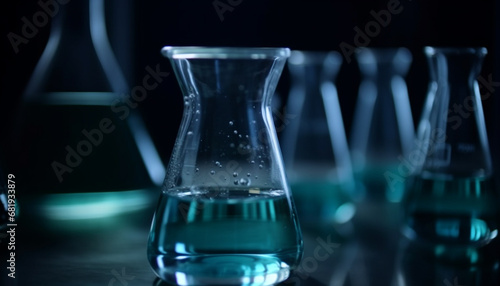 Transparent beaker holds blue liquid for scientific experiment in laboratory generated by AI