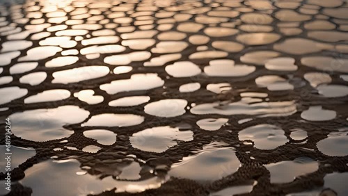 Closeup ripples patterns formed surface puddle water starts evaporate unevenly, creating pockets varying water levels.