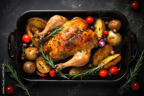 a roasted chicken surrounded by potatoes and tomatoes. The chicken is golden brown and cooked to perfection, and the potatoes and tomatoes are crispy and tender.