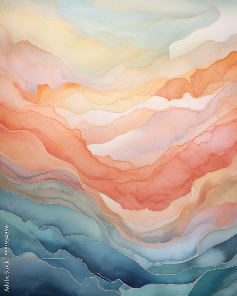 Abstract watercolor landscape with layered hills in shades of blue and a warm-toned sky, ideal for serene background or decor.