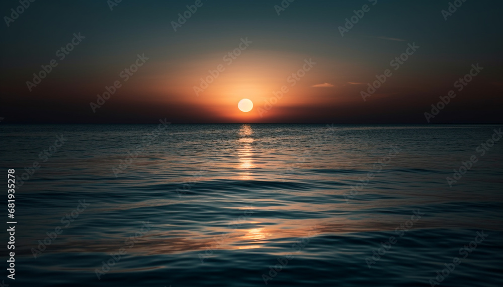Tranquil sunset over blue water, nature beauty in abstract silhouette generated by AI