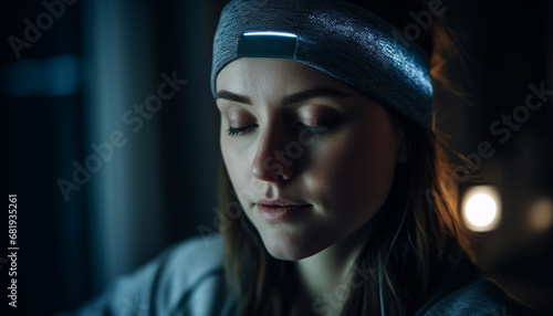 Beautiful young woman with brown hair looking sad indoors alone generated by AI