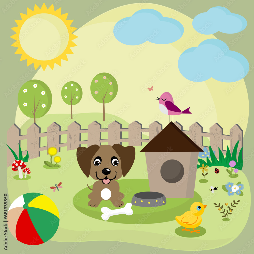 Naklejka premium Children's drawing of a puppy and a ball in a clearing