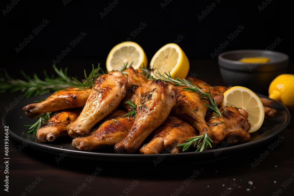 A plate of crispy and flavorful chicken wings with lemons and rosemary. The wings are cooked to perfection and coated in a tangy and aromatic sauce. A plate of crispy and flavorful chicken wings with lemons and rosemary. The wings are cooked to perfection and coated in a tangy and aromatic sauce.