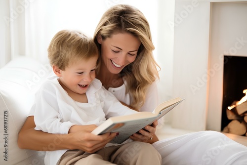 A mother reading a children's book to her son in a cozy, warm setting, soft natural light streaming in from a nearby window, capturing the tender moment. subtle expression of joy. generative AI