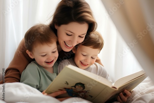 A mother reading a children's book to her son in a cozy, warm setting, soft natural light streaming in from a nearby window, capturing the tender moment. subtle expression of joy. generative AI
