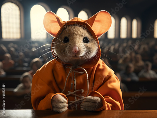 A mouse wearing orange color clothes in the court. A mouse sit in the court. © Yukio Toraa