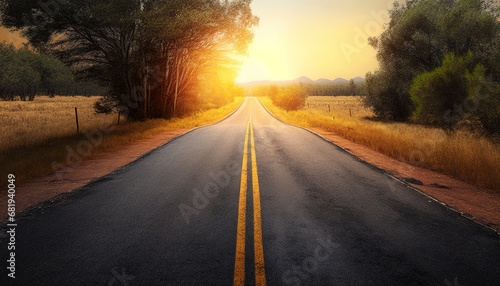 Empty country road yellow line middle sunset forest nature sun ray evening landscape dusk turn drive driving no people nobody view summer colourful photo