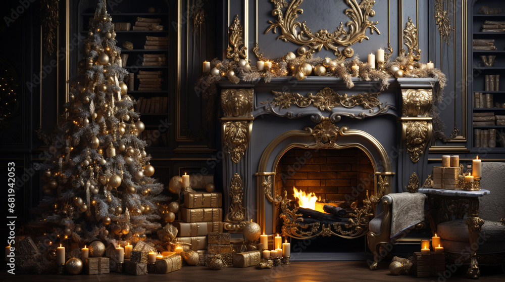 a Christmas tree and fireplace