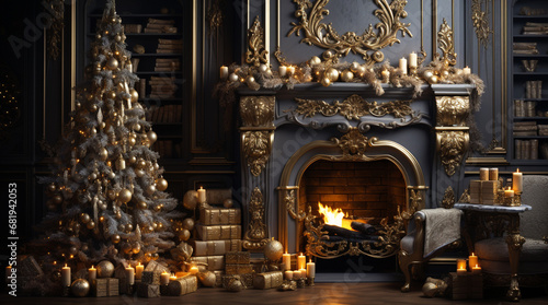 a Christmas tree and fireplace