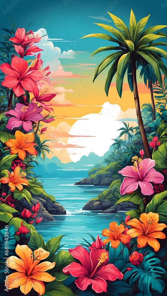 Tropical Garden Colorful Illustration Floral Drawing Background Postcard Digital Artwork Banner Website Flyer Ads Gift Card Template