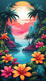 Tropical Garden Colorful Illustration Floral Drawing Background Postcard Digital Artwork Banner Website Flyer Ads Gift Card Template