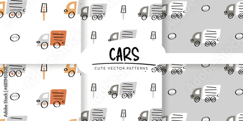 Seamless patterns with doodle cars and road signs. Fabric print for children,digital paper