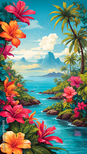 Tropical Garden Colorful Illustration Floral Drawing Background Postcard Digital Artwork Banner Website Flyer Ads Gift Card Template © amonallday
