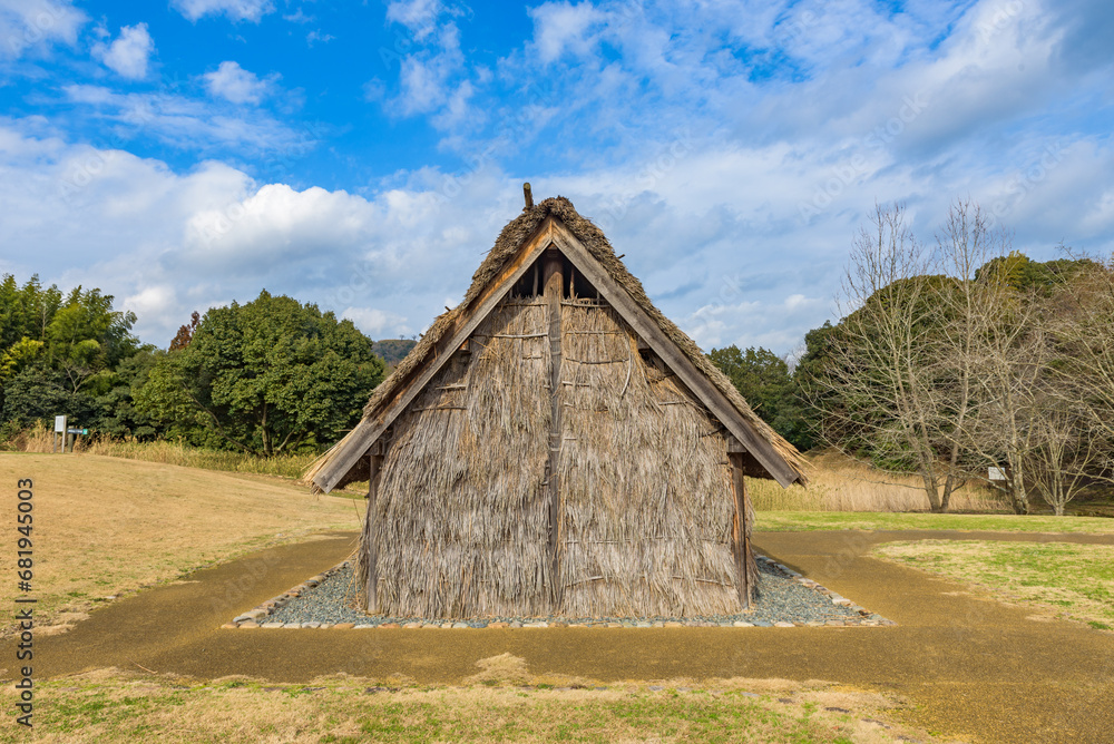 Post in ground construction restored residence in the Nara period of Japan. Post in ground construction restored residence in the Nara period of Japan.