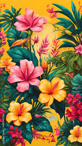 Tropical Garden Colorful Illustration Floral Drawing Background Postcard Digital Artwork Banner Website Flyer Ads Gift Card Template