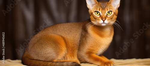 The Abyssinian cat stood proudly, its beautiful fur shimmering under the sunlight, showcasing its majestic purebred qualities; with its adorable round face, alert whiskers, and a fluffy tail, it was