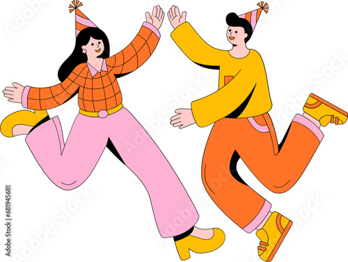 Woman and Man have a hand toast wearing a party hat