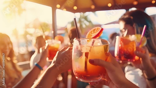 Closeup of a group of friends gathered around the bar, laughing and toasting their colorful drinks in celebration of their beach vacation. photo
