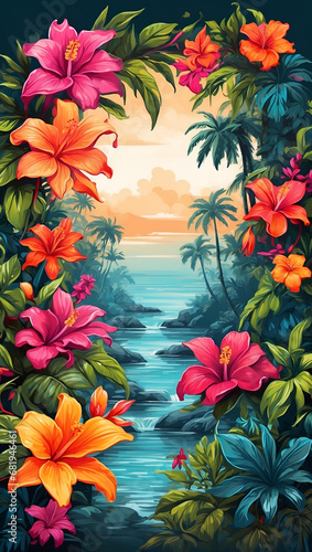 Tropical Garden Colorful Illustration Floral Drawing Background Postcard Digital Artwork Banner Website Flyer Ads Gift Card Template