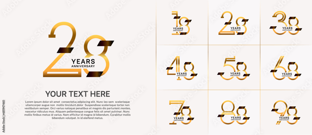 set of anniversary logotype gold color with black glitter for special celebration event