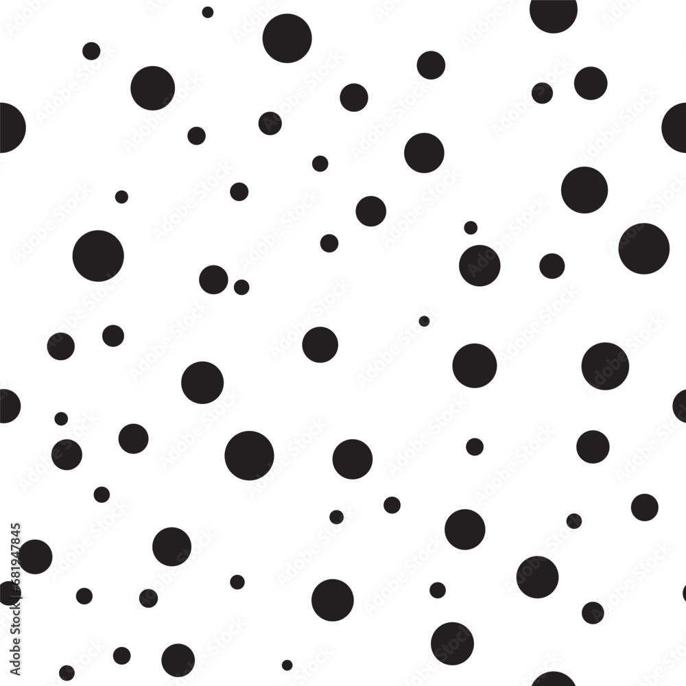 Randomly arranged black dots of different sizes isolated on a white background. Abstract seamless pattern. Background for paper, cover, fabric, textile, interior decor. Randomly arranged black dots of different sizes isolated on a white background. Abstract seamless pattern. Background for paper, cover, fabric, textile, interior decor.