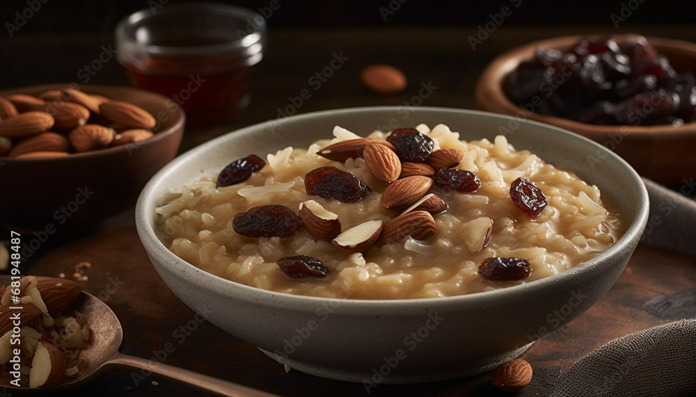 Healthy oatmeal bowl with fresh fruit, nuts, and granola topping generated by AI Healthy oatmeal bowl with fresh fruit, nuts, and granola topping generated by AI