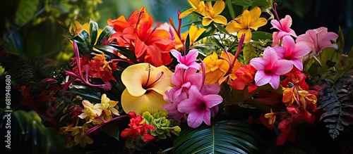 In the lush green garden, a beautiful floral arrangement of colorful tropical flowers adorned the tree, showcasing the natural beauty of Indian summer in full bloom during springtime. photo