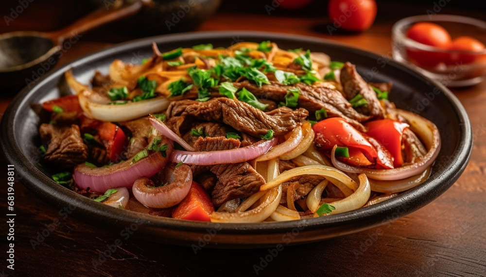 Grilled meat and vegetables on wooden plate, ready to eat generated by AI Grilled meat and vegetables on wooden plate, ready to eat generated by AI