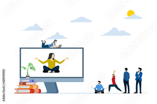concept of meditation during work break, health benefits of body, mind and emotions, thought process, start and idea search vector, flat vector illustration on white background.