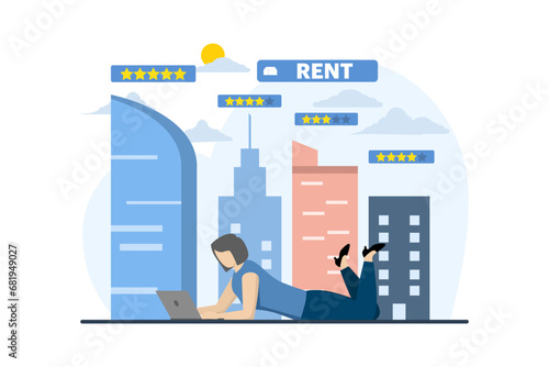 character with laptop choosing a new house to rent, person looking for an apartment, Online real estate selection or search service, Housing selection by rating, New property owner.
