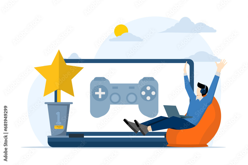 Play games with gadgets, gamers, video games, e-sports. Playing online games, people playing online games on PC, people playing mobile games. professional gamer, Entertainment flat vector illustration Play games with gadgets, gamers, video games, e-sports. Playing online games, people playing online games on PC, people playing mobile games. professional gamer, Entertainment flat vector illustration