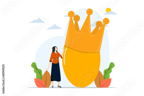 Concept of prosperity or valuable assets, golden egg investment, valuable retirement fund, wealth or savings, 401k or IRA, rich woman with crown wearing precious golden egg.