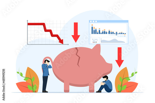 Broken piggy bank concept as a metaphor for business bankruptcy. Problems of repayment of economic loans, investment failures and budget collapse. financial crisis. Flat vector illustration.