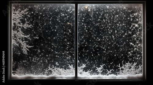 snow on window frame isolated on black for Christmas design idea