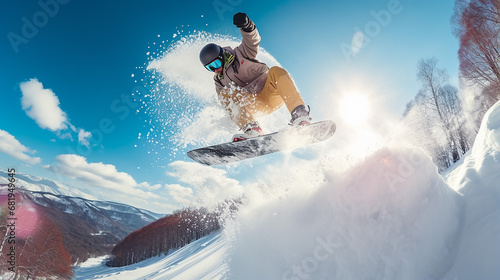 snowboarding in sunny winter day photo
