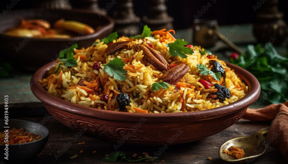 Gourmet meal of basmati rice, meat, and vegetables cooked homemade generated by AI Gourmet meal of basmati rice, meat, and vegetables cooked homemade generated by AI