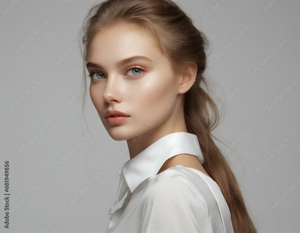 A young beautiful russian woman with long healthy brown hair and smooth fair skin and beautiful face. For advertisment. Concept for skin care, hair care and beauty. A young beautiful russian woman with long healthy brown hair and smooth fair skin and beautiful face. For advertisment. Concept for skin care, hair care and beauty.