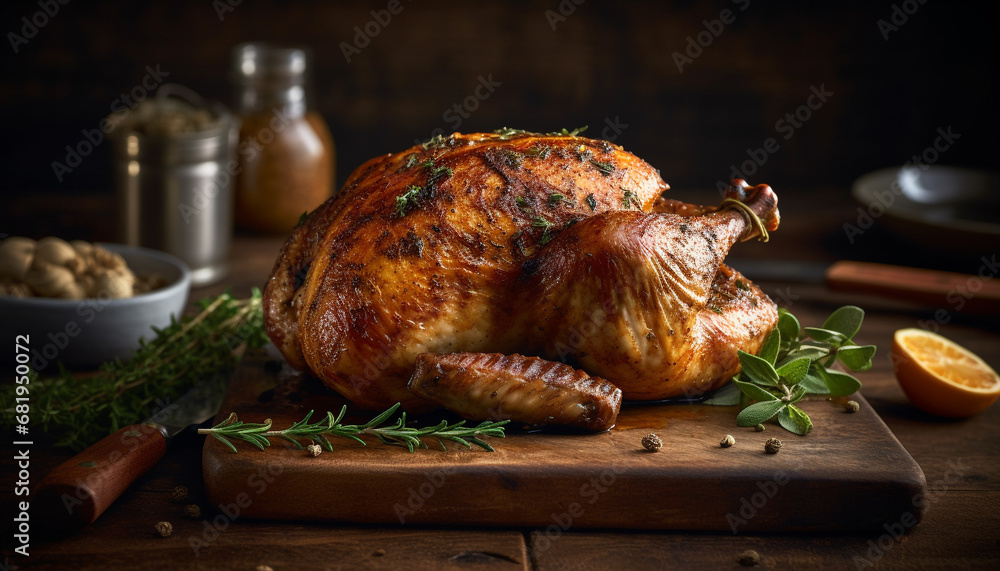 Rustic homemade meal Roast turkey with gourmet herb spice generated by AI Rustic homemade meal Roast turkey with gourmet herb spice generated by AI