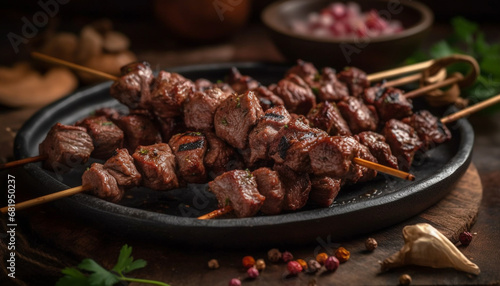 Grilled meat skewers on a rustic plate, perfect summer appetizer generated by AI