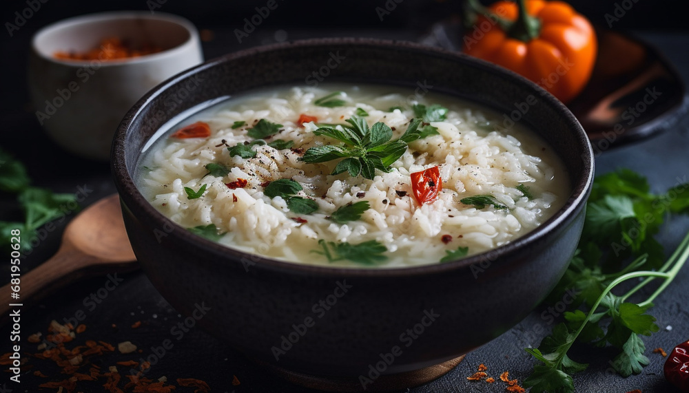 Healthy vegetarian risotto with fresh cilantro and steamed basmati rice generated by AI Healthy vegetarian risotto with fresh cilantro and steamed basmati rice generated by AI
