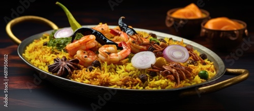 In a mouth-watering display of culinary artistry, an isolated plate of fragrant Countryn Biryani, accompanied by succulent Tikka, stole the show on a white background, showcasing the diverse flavors photo