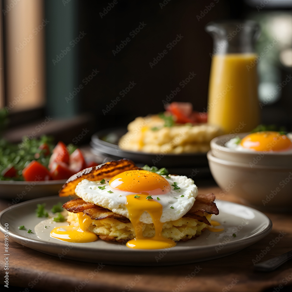 Bacon and Eggs with Cheese Grits and Buttermilk Biscuits on a Rösti Bacon and Eggs with Cheese Grits and Buttermilk Biscuits on a Rösti