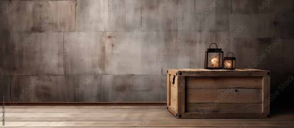 In a dimly-lit room, an old wooden crate with a retro design leaned against the textured wall, holding a new oak table on the hardwood floor, its grain showcasing the beauty of the timber. - obrazy, fototapety, plakaty 